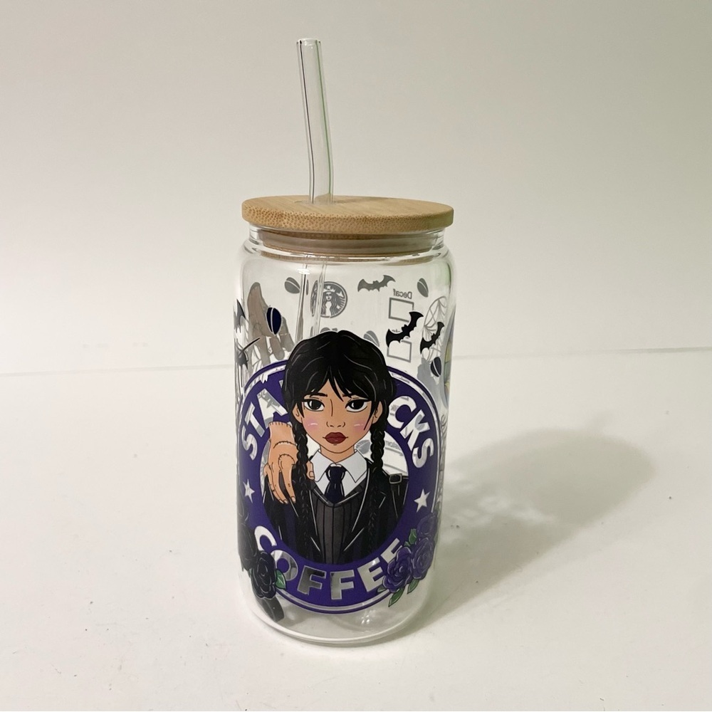 Custom Wednesday Addams Clear Glass Tumbler with Lid and Straw